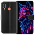 Pikkukuva 1 / 2: Yhteensopiva Lompakkokotelo Samsung Galaxy A20e Neonvalaistu susi sinisessä ja vaaleanpunaisessa valossa futuristisella cyberpunk-tunnelmalla