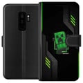 Miniatyrbillede 1 af 3: Kompatibel Tegnebogsetui til Samsung Galaxy S9+ Grøn pixelbaseret, creeperlignende spilillustration i futuristisk neonstil til gamingrum