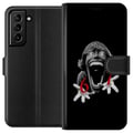Miniatyrbild 1 av 3: Kompatibelt Plånboksfodral till Samsung Galaxy S21+ 5G 67 meme horror face black red – skräckinspirerad viral 6-7 design med stark kontrast och ikoni