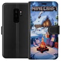 Miniatyrbillede 1 af 3: Kompatibel Tegnebogsetui til Samsung Galaxy S9+ Minecraft-vintermotiv med Steve, ulv, lejrbål og snedækket hytte, spilillustration til Minecraft-fans