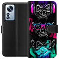 Pikkukuva 1 / 3: Yhteensopiva Lompakkokotelo Xiaomi 12 Pro Kolme apinaa -taide – Graffitihenkinen neonaihe ei näe mitään, ei kuule mitään, ei sano mitään
