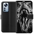 Pikkukuva 1 / 3: Yhteensopiva Lompakkokotelo Xiaomi 12 Pro T-Rex karjaisu dinosaurus eeppinen mustavalkoinen esihistoriallinen peto hurja karjaisu hirviö taide kuvitu