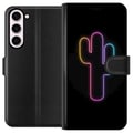 Pikkukuva 1 / 3: Yhteensopiva Lompakkokotelo Samsung Galaxy S23+ Kaktuksen neonkuvitus vaaleanpunaisessa ja sinisessä valossa tummaa taustaa vasten modernissa pop-est