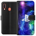 Miniatyrbillede 1 af 2: Kompatibel Tegnebogsetui til Samsung Galaxy A20e PlayStation-logo mod galaksebaggrund kosmisk gamingdesign til gamere og konsolfans