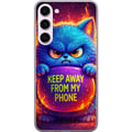 Pikkukuva 1 / 3: Yhteensopiva Puhelinkuori Samsung Galaxy S23+ Vihainen, pörröinen sininen kissa, jossa lukee Keep Away From My Phone, neonväreissä ja liekkimäisin te