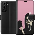 Pikkukuva 1 / 3: Yhteensopiva Lompakkokotelo Samsung Galaxy S21+ 5G Pink Ghost Bow ikonisen naamion ja vaaleanpunaisen rusetin kera, humoristinen ja trendikäs hallowe