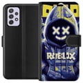 Miniatyrbillede 1 af 3: Kompatibel Tegnebogsetui til Samsung Galaxy A52s 5G Blå-gul Roblox-inspireret hoodie-figur med maske og minimalistisk neonstil, stilren spilillustrat