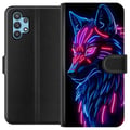 Miniatyrbillede 1 af 3: Kompatibel Tegnebogsetui til Samsung Galaxy A32 5G Neonbelyst ulv i blåt og pink lys med futuristisk cyberpunkstemning