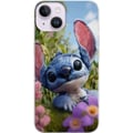 Pikkukuva 1 / 3: Yhteensopiva Puhelinkuori Apple iPhone 14 Sininen Stitchistä inspiroitunut piirroshahmo kukkien ympäröimässä luontomaisemassa ja suloisella ilmeellä,