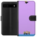 Miniatyrbillede 1 af 3: Kompatibel Tegnebogsetui til Google Pixel 6a Minions-illustration med lilla og blå baggrund, humoristisk filmtema for fans af sjove karakterer