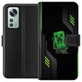 Pikkukuva 1 / 3: Yhteensopiva Lompakkokotelo Xiaomi 12 Vihreä pikselipohjainen, creeperin kaltainen pelikuva futuristisessa neon-tyylissä pelihuoneeseen