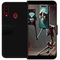 Miniatyrbild 1 av 2: Kompatibelt Plånboksfodral till Samsung Galaxy A20s Italian Brainrot motiv – Skelett med mobil och svagt WiFi i unik design