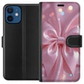 Miniatyrbillede 1 af 3: Kompatibel Tegnebogsetui til Apple iPhone 12 Rosa rosetdesign – Elegant silkebåndsillustration med glitrende effekt