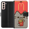 Miniatyrbild 1 av 3: Kompatibelt Plånboksfodral till Samsung Galaxy S21 Söt Pusheen-liknande katt med pommes frites i McDonald’s stil – humoristiskt och charmigt motiv.