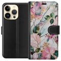 Miniatyrbillede 1 af 3: Kompatibel Tegnebogsetui til Apple iPhone 14 Pro Pastelmarmor med blomster, blade og subtile gyldne detaljer i en blød komposition