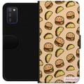 Miniatyrbilde 1 av 2: Kompatibelt Lommeboketui til Samsung Galaxy A03s Fargerikt tegneseriedesign med hamburgere, taco, smeltet ost, salat, sprø skall og morsomme figurer,