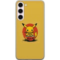 Pikkukuva 1 / 3: Yhteensopiva Puhelinkuori Samsung Galaxy S23+ Pikachu syömässä ramenia japanilaisessa animen inspiroimassa tyylissä keltaista taustaa vasten, hauska