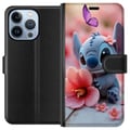 Miniatyrbillede 1 af 4: Kompatibel Tegnebogsetui til Apple iPhone 13 Pro Sød blå fantasivæsen med lyserød blomst og sommerfugl, romantisk forårsmotiv