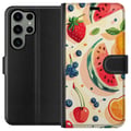 Miniatyrbillede 1 af 3: Kompatibel Tegnebogsetui til Samsung Galaxy S23 Ultra Frugtmønster med vandmelon, citrusfrugter og bær i en legende illustration