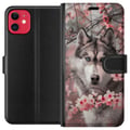 Miniatyrbillede 1 af 3: Kompatibel Tegnebogsetui til Apple iPhone 11 Husky med blå øjne blandt lyserøde kirsebærblomster – smukt, naturinspireret og detaljerigt motiv.