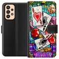 Miniatyrbild 1 av 3: Kompatibelt Plånboksfodral till Samsung Galaxy A33 5G Lucky Hands casino pop art design med spelkort tärningar körsbär och retroinspirerad färgstark