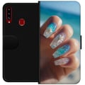 Miniatyrbild 1 av 2: Kompatibelt Plånboksfodral till Samsung Galaxy A20s Nageldesign illustration – Blå glitter med blomma havsinspirerat motiv
