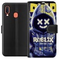 Pikkukuva 1 / 2: Yhteensopiva Lompakkokotelo Samsung Galaxy A20e Sinikeltainen Roblox-henkinen hupparihahmo maskilla ja minimalistisella neon-tyylillä, tyylikäs pelik