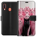 Miniatyrbillede 1 af 2: Kompatibel Tegnebogsetui til Samsung Galaxy A20e Sort kat blandt lyserøde katte, sjovt kontrastfyldt design med legesyg charme og trendy farvekombina