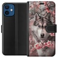 Pikkukuva 1 / 3: Yhteensopiva Lompakkokotelo Apple iPhone 12 mini Sinisilmäinen husky vaaleanpunaisten kirsikankukkien keskellä – kaunis, luonnon inspiroima ja yksity