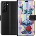 Miniatyrbillede 1 af 3: Kompatibel Tegnebogsetui til Samsung Galaxy S21+ 5G Stitch med roser i romantisk tegneseriestil mod stribet baggrund