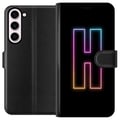 Pikkukuva 1 / 3: Yhteensopiva Lompakkokotelo Samsung Galaxy S23+ Minimalistinen neonkirjain H värinvaihtavassa valossa mustaa taustaa vasten