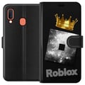 Pikkukuva 1 / 2: Yhteensopiva Lompakkokotelo Samsung Galaxy A20e Minimalistinen Roblox-symboli mustana ja hopeisena, kultaisella kruunulla ja ylellisellä pelaajaestet