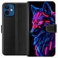 Miniatyrbillede 1 af 3: Kompatibel Tegnebogsetui til Apple iPhone 12 Neonbelyst ulv i blåt og pink lys med futuristisk cyberpunkstemning