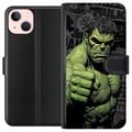 Pikkukuva 1 / 3: Yhteensopiva Lompakkokotelo Apple iPhone 13 mini Hulk-aihe sarjakuvatyyliin, voimakas design vihreän sävyillä Marvelin ja supersankarien faneille