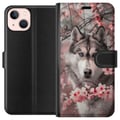 Pikkukuva 1 / 3: Yhteensopiva Lompakkokotelo Apple iPhone 13 mini Sinisilmäinen husky vaaleanpunaisten kirsikankukkien keskellä – kaunis, luonnon inspiroima ja yksity
