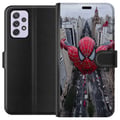 Miniatyrbilde 1 av 3: Kompatibelt Lommeboketui til Samsung Galaxy A52s 5G Spiderman over byen Marvel-superhelt action bysilhuett svingende dynamisk tegneserieheltemotiv pl