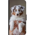 Miniatyrbild 2 av 2: Kompatibelt Plånboksfodral till Samsung Galaxy A20s Hundvalp illustration – Söt fluffig valp i porträttdesign med blå ögon