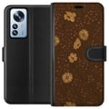 Pikkukuva 1 / 3: Yhteensopiva Lompakkokotelo Xiaomi 12 Pro Retro kukkakuvio ruskea tausta kukat vintage 70-luvun tyyli boheemi tapettisuunnittelu painatus