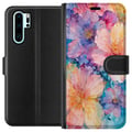 Miniatyrbillede 1 af 3: Kompatibel Tegnebogsetui til Huawei P30 Pro Akvarelmåleri med store blomster i rosa, blå og gule nuancer i en blød, kunstnerisk stil