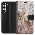 Pikkukuva 1 / 3: Yhteensopiva Lompakkokotelo Samsung Galaxy S23+ Beige marmori, jossa on kultainen glitterrakenne, elegantti design ylellisellä tunnelmalla, täydellin