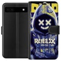 Pikkukuva 1 / 3: Yhteensopiva Lompakkokotelo Google Pixel 6a Sinikeltainen Roblox-henkinen hupparihahmo maskilla ja minimalistisella neon-tyylillä, tyylikäs pelikuva