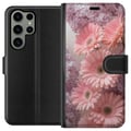 Miniatyrbillede 1 af 3: Kompatibel Tegnebogsetui til Samsung Galaxy S23 Ultra Lyserøde blomster blomstermønsterdesign