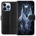 Miniatyrbillede 1 af 4: Kompatibel Tegnebogsetui til Apple iPhone 13 Pro Hvid ulv omgivet af lyn i mørk skov med dramatisk nattestemning
