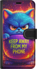 Miniatyrbilde 3 av 3: Kompatibelt Lommeboketui til Apple iPhone 14 Pro Sint, lodden blå katt med teksten Keep Away From My Phone i neonfarger og flamlignende effekter, hum