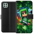 Miniatyrbilde 1 av 3: Kompatibelt Lommeboketui til Samsung Galaxy A22 5G Minecraft-gutten med grønn hettegenser – tegnet Minecraft-gutt med sverd, piksler og eventyrtema