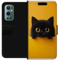 Miniatyrbillede 1 af 3: Kompatibel Tegnebogsetui til OnePlus 9 Pro Sort kat, der kigger op over kanten – ren og trendy illustration med et legende udtryk og store øjne