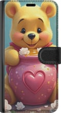 Pikkukuva 3 / 3: Yhteensopiva Lompakkokotelo Samsung Galaxy A13 Söpö keltainen Nalle Puhin inspiroima karhu, jolla on sydämenmuotoinen vaaleanpunainen purkki ja hunaj