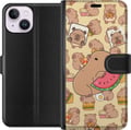 Miniatyrbild 1 av 3: Kompatibelt Plånboksfodral till Apple iPhone 14 Capybara Snack Tid Söta capybaror njuter av vattenmelon pizza och popcorn i en varm och lekfull desig