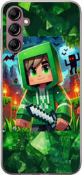 Miniatyrbillede 1 af 3: Kompatibel Mobilcover til Samsung Galaxy A14 5G Minecraft-gamerdreng i grøn hættetrøje – tegnet Minecraft-dreng med sværd, pixels og eventyrtema
