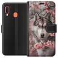 Pikkukuva 1 / 2: Yhteensopiva Lompakkokotelo Samsung Galaxy A20e Sinisilmäinen husky vaaleanpunaisten kirsikankukkien keskellä – kaunis, luonnon inspiroima ja yksityi